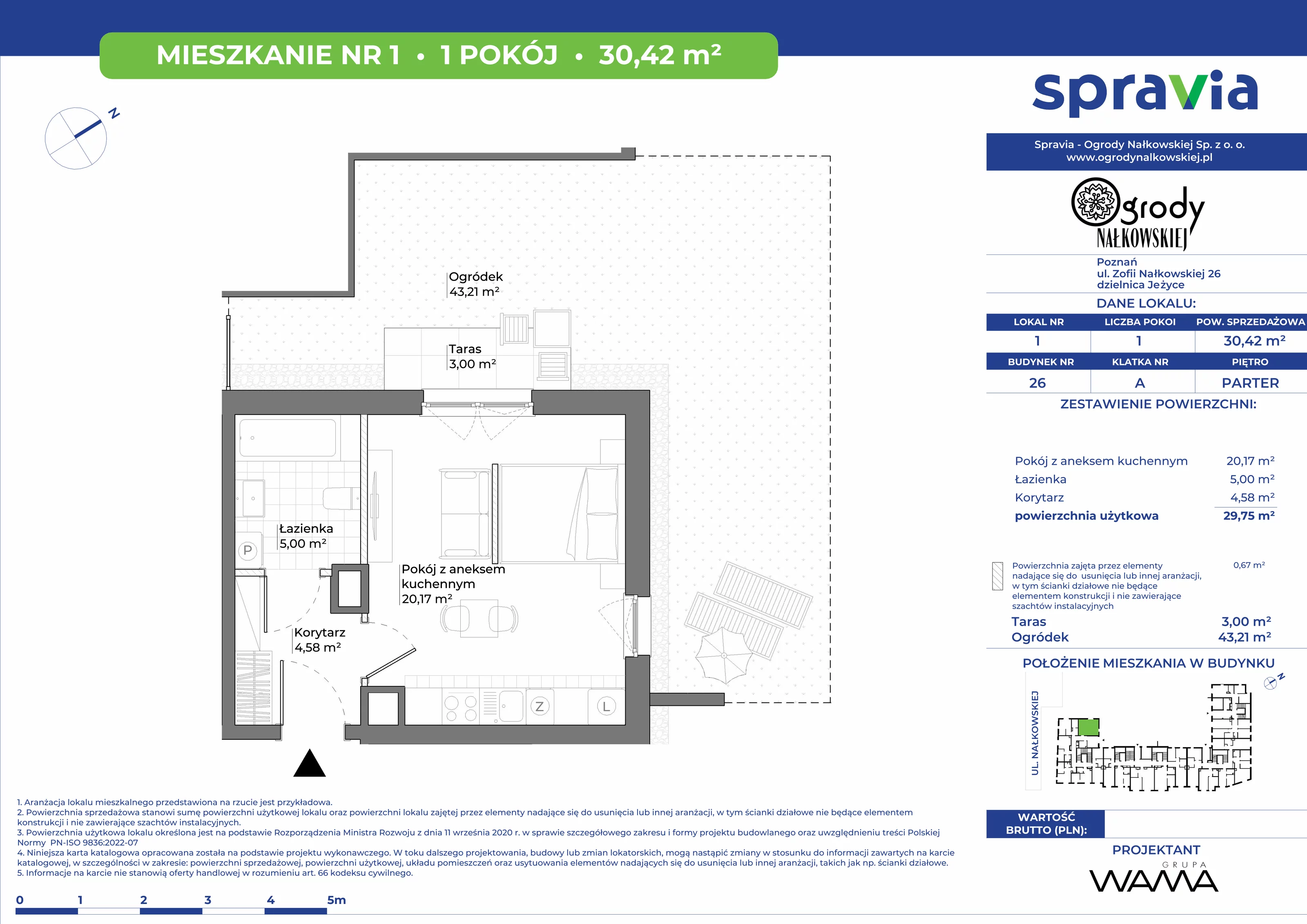 1 pokój, mieszkanie 30,42 m², parter, oferta nr 26-1, Ogrody Nałkowskiej, Poznań, Ogrody, ul. Nałkowskiej 24, 26